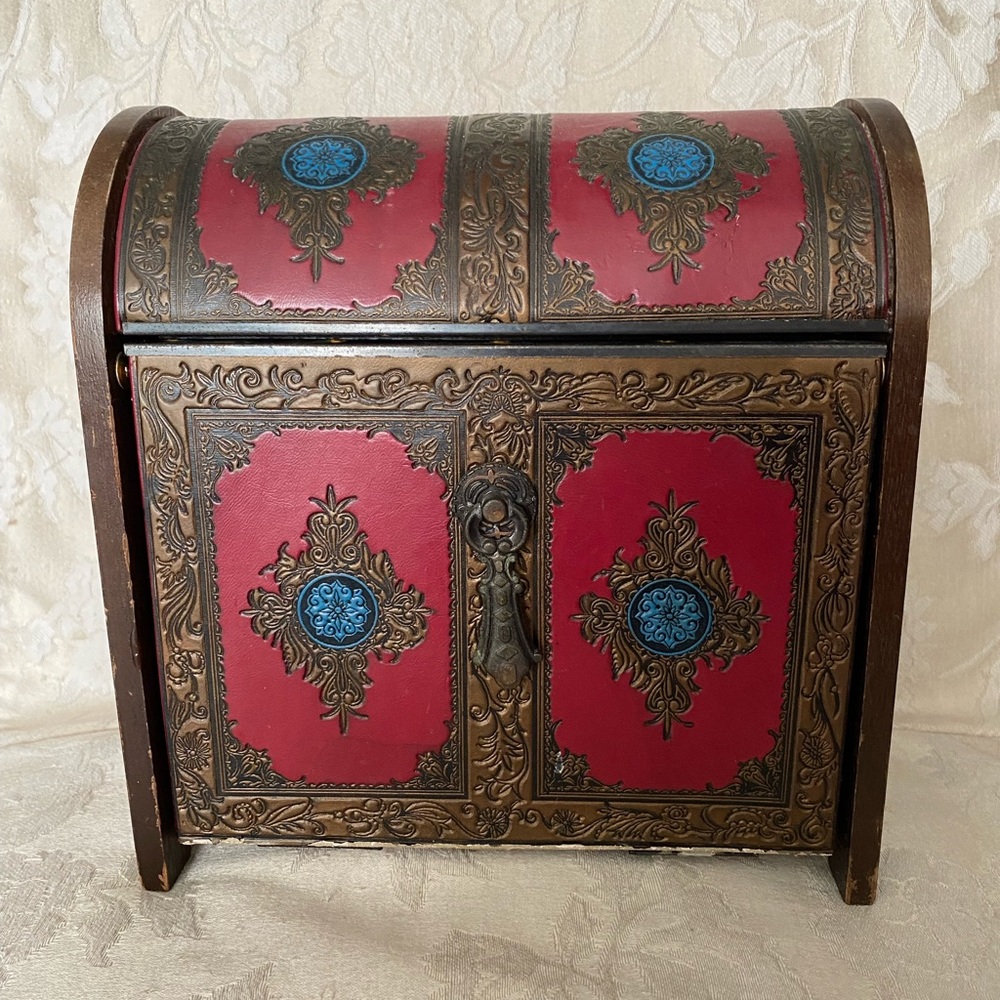 Rare Vintage Wooden Jewelry Box with Hand Tooled Red Faux Leather, Japan